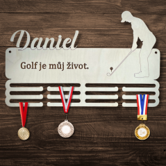 Věšák na medaile se jménem a textem –⁠ golfista